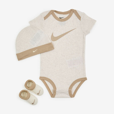 NIKE 3 PC SET BODYSUIT HAT BOOTIE SWOOSH BEIGE B&Eacute;B&Eacute;
