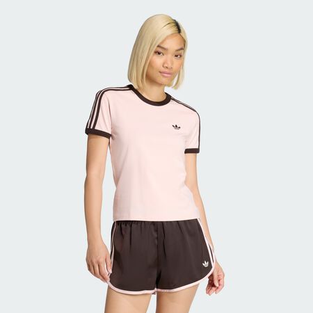 ADIDAS ORIGINALS TEE SHIRT SLIM 3 STRIPES ROSE/MARRON DAMES
